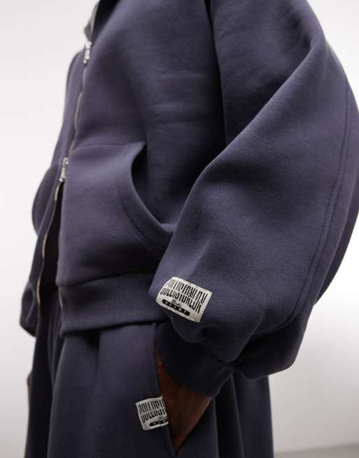 Sudadera azul marino de corte cuadrado con capucha y cremallera de tejido grueso de COLLUSION, 3 de 5