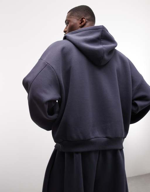 Sudadera azul marino de corte cuadrado con capucha y cremallera de tejido grueso de COLLUSION, 5 de 5