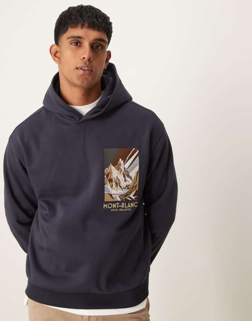 Sudadera azul marino de corte estándar con capucha y estampado gráfico de Mango
