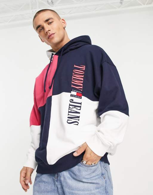 Sudadera azul marino de corte skater con capucha, diseño color block y logo Archive de Tommy Jeans
