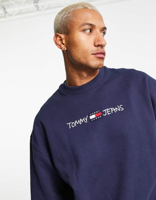 Sudadera azul marino de cuello redondo con logo de texto bordado recto de Tommy Jeans, 3 de 4