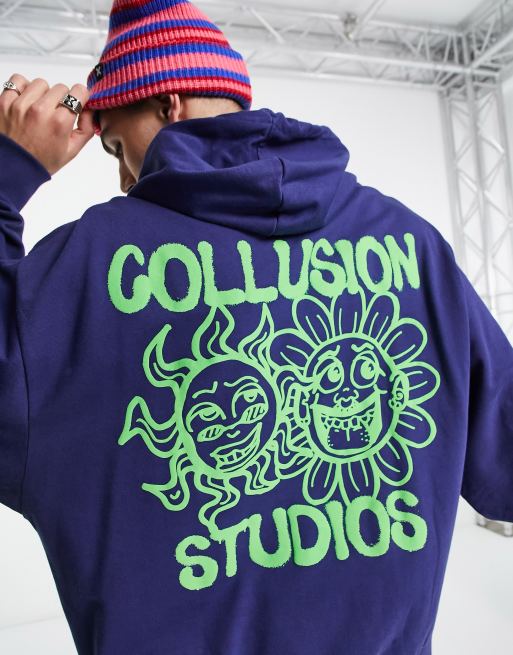 Sudadera azul marino extragrande con capucha y estampado de girasoles de COLLUSION