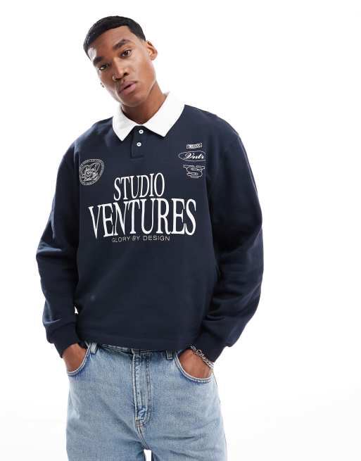 Sudadera azul marino extragrande con cuello tipo polo y diseño estampado de ASOS DESIGN