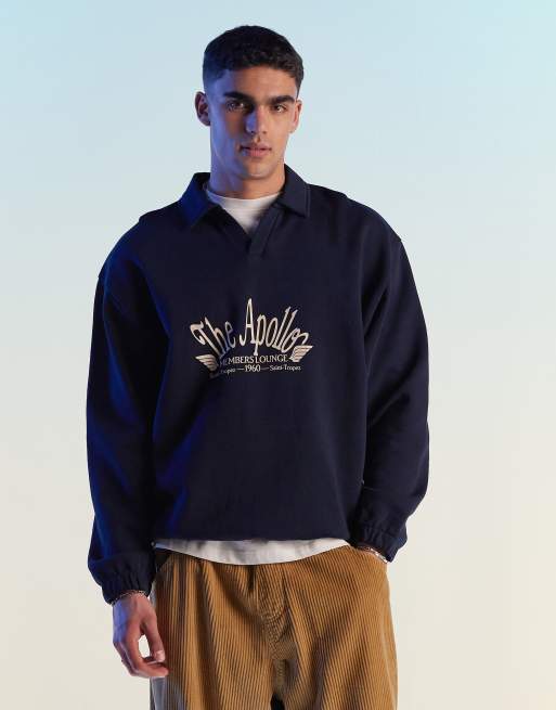 Sudadera azul marino extragrande con estampado de texto en el pecho y cuello tipo polo de ASOS DESIGN