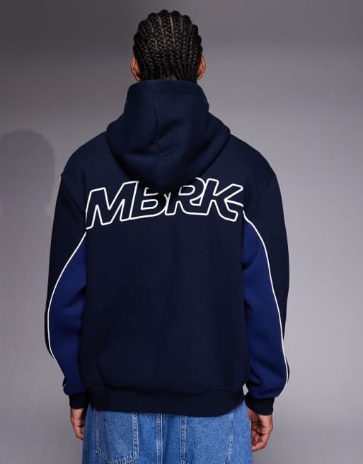 Sudadera azul marino holgada con capucha, ribetes y detalle estampado de ASOS DESIGN, 3 de 5
