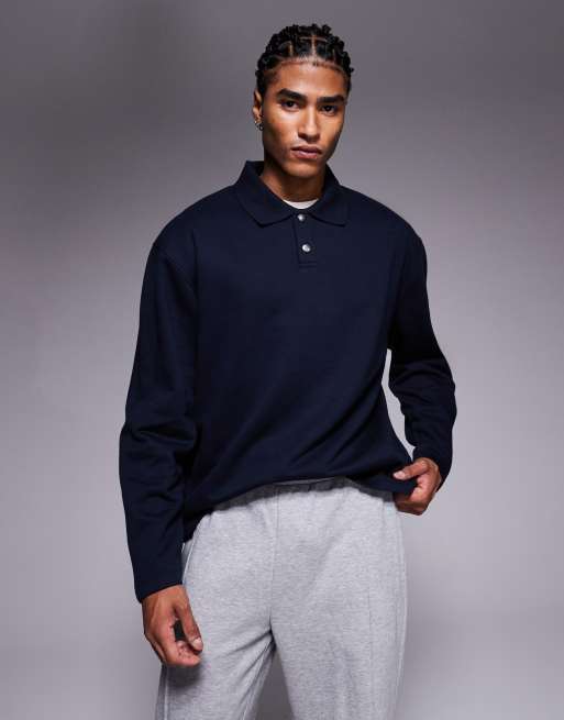 Sudadera azul marino holgada con cuello tipo polo acanalado con botones de ASOS DESIGN