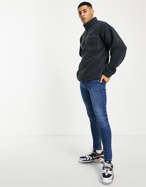 Sudadera azul oscuro con cuello alzado y cremallera de borreguito de New  Look | ASOS