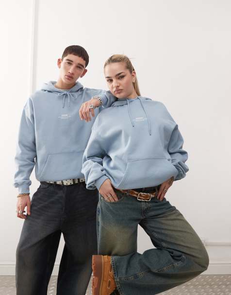 Sudadera azul paloma unisex con capucha y logo en el pecho de tejido grueso Damien de Dr Denim - view 1