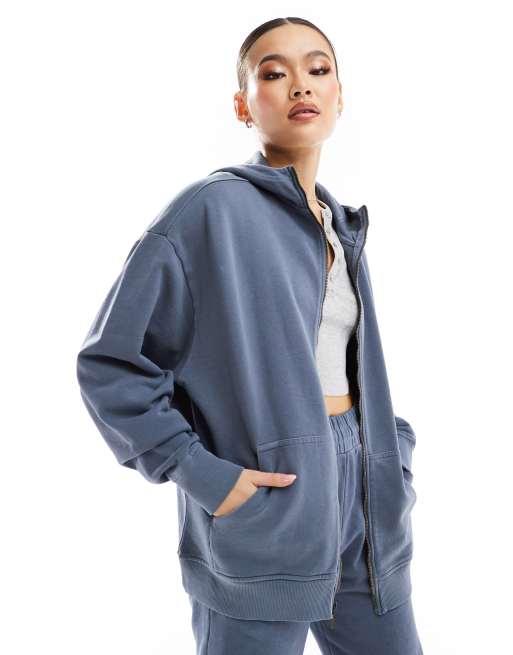 Sudadera azul pizarra lavado extragrande con capucha y cremallera de 4505 