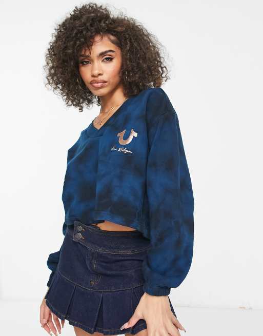 Sudadera azul Poseidón con cuello de pico y logo metalizado de True Religion