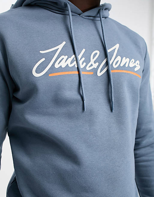 Sudadera azul sin aberturas con capucha y logo de Jack & Jones