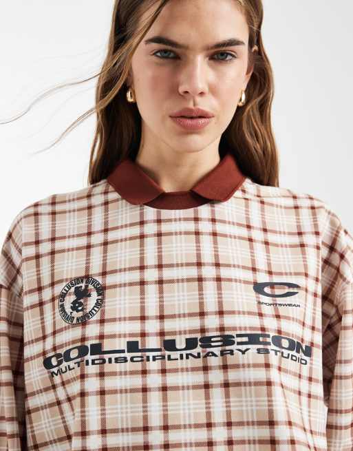 Sudadera beis a cuadros extragrande estilo polo de COLLUSION, 2 de 4