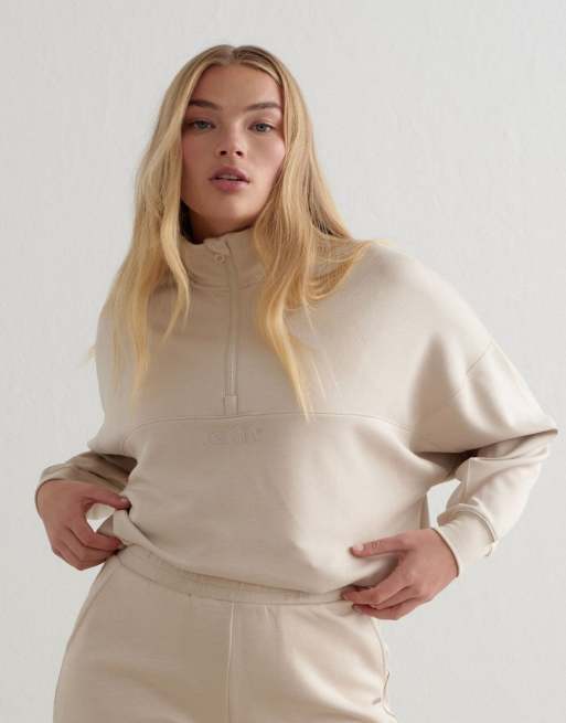 Sudadera beis café con leche con media cremallera de modal Comfy de Aim'n