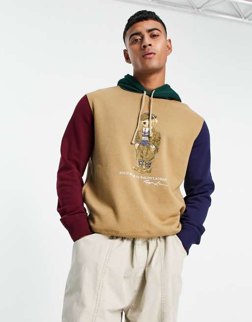 Sudadera beis caqui con capucha, diseño color block y estampado de oso clásico de felpa de Polo Ralph Lauren