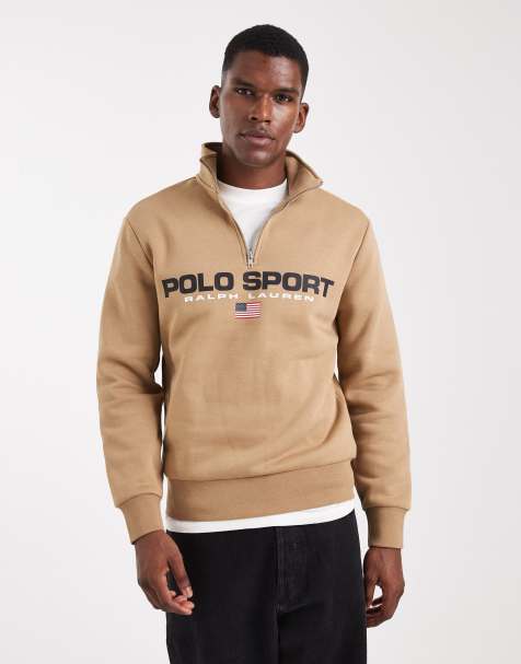 Sudadera beis caqui unisex con logo de bandera y media cremallera de felpa de la colección cápsula Sport de Polo Ralph Lauren - view 1