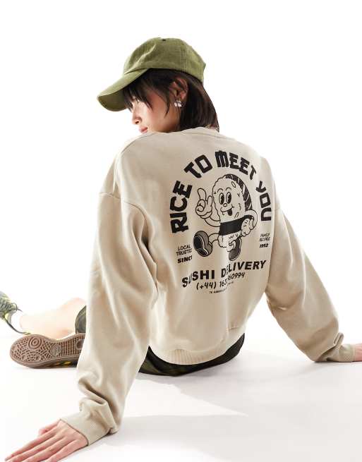 Sudadera beis con cuello redondo y estampado de sushi en la espalda de JJXX
