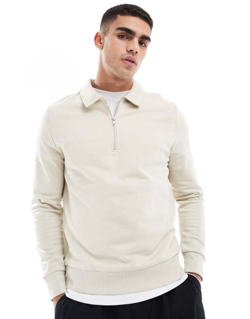 Sudadera beis con cuello tipo polo y media cremallera de ASOS DESIGN