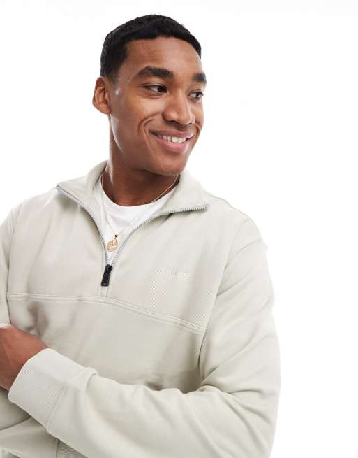 Sudadera beis con media cremallera de paneles texturizados de BOSS Orange