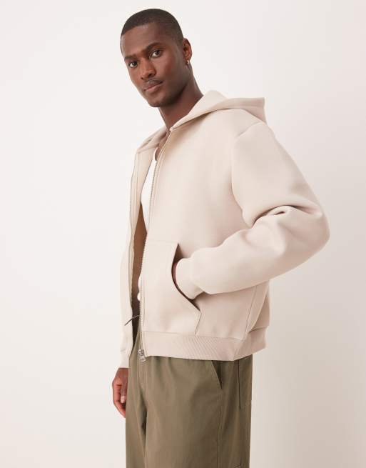 Sudadera beis de corte cuadrado extragrande con capucha y cremallera de tejido grueso de efecto neopreno de ASOS DESIGN