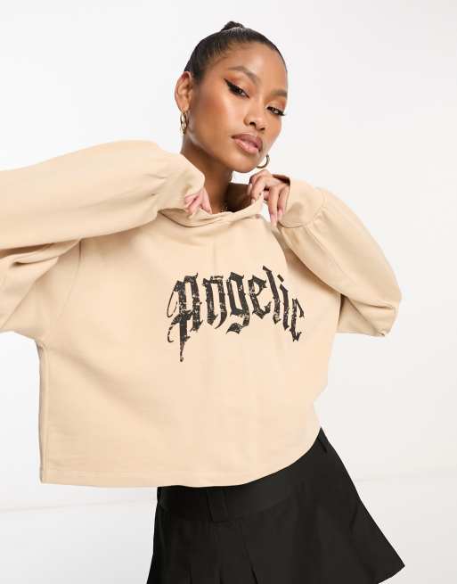 Sudadera beis de corte sencillo con capucha y estampado de texto de ASYOU 