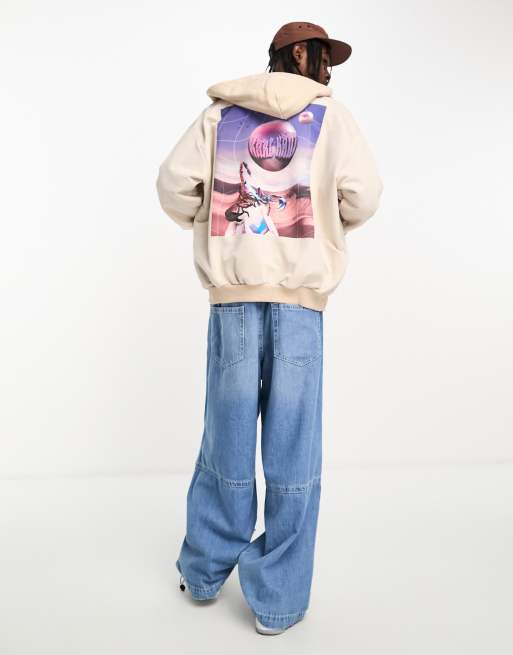 Sudadera beis extragrande con capucha, cremallera, estampado gráfico en la espalda y logo pequeño de Karl Kani