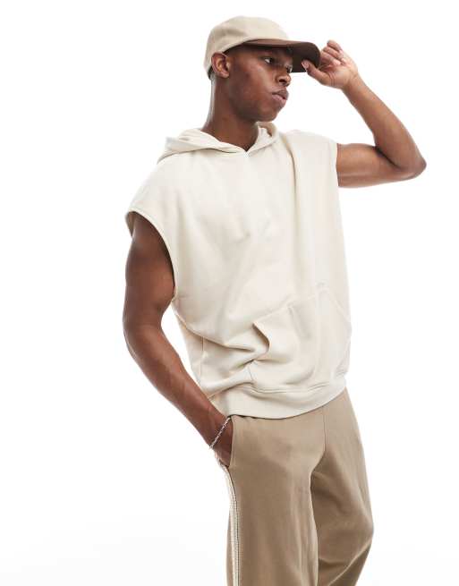 Sudadera beis extragrande con capucha, mangas recortadas y logo de texto de tejido rizado de Hollister