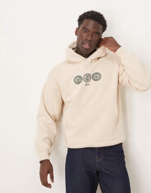 Sudadera beis extragrande con capucha y estampado central de Selected Homme