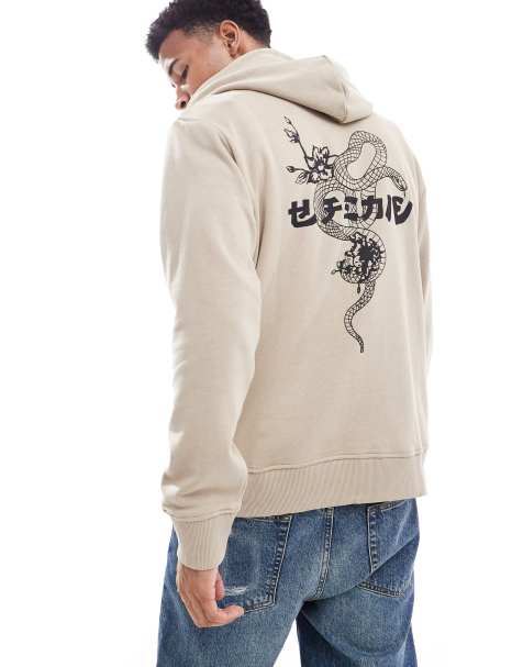 Sudadera beis extragrande con capucha y estampado de serpiente en la espalda de Jack & Jones - view 1
