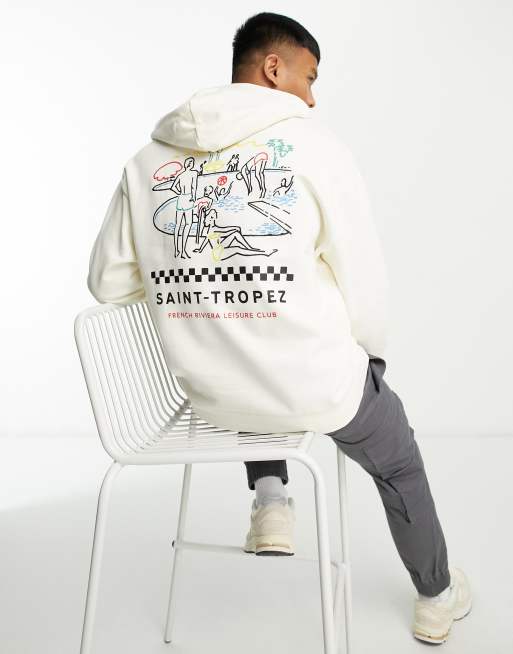 Sudadera beis extragrande con capucha y estampado delineado en el pecho y la espalda de ASOS DESIGN