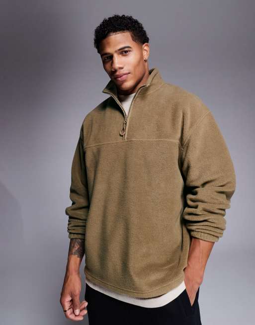 Sudadera beis extragrande con cremallera corta de felpa de ASOS DESIGN