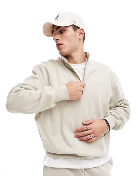 Sudadera beis extragrande con cremallera corta de tejido grueso de 400 g/m2 premium de ASOS DESIGN - view 1