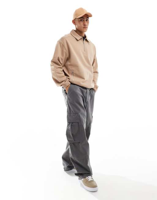 Sudadera beis extragrande con cremallera y cuello de solapas de ASOS DESIGN, 3 de 4