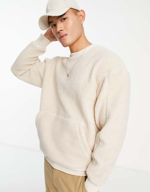 Sudadera beis extragrande con cuello redondo de tejido tipo peluche de ADPT 
