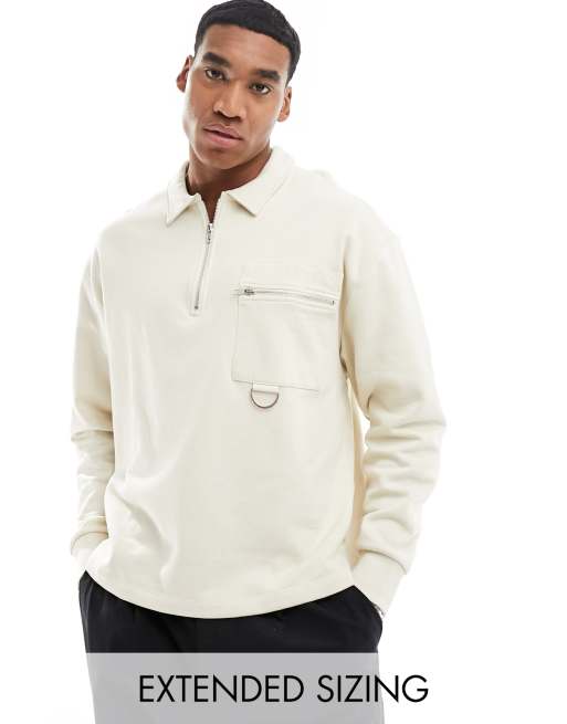 Sudadera beis extragrande con cuello tipo polo, cremallera y detalle de anilla semicircular de ASOS DESIGN