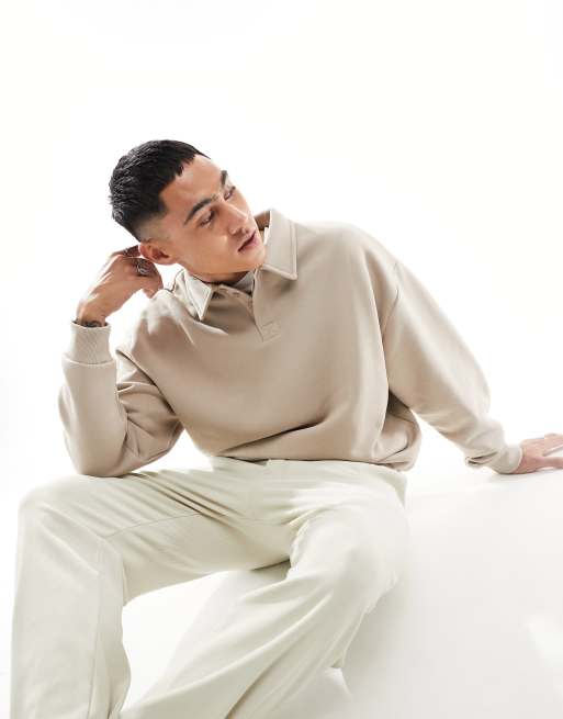 Sudadera beis extragrande con cuello tipo polo de ASOS DESIGN