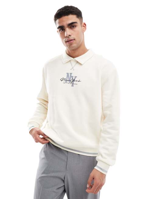 Sudadera beis extragrande con cuello tipo polo y estampado 
