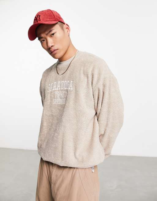 Sudadera beis extragrande con texto bordado de rizo tipo toalla de ASOS DESIGN