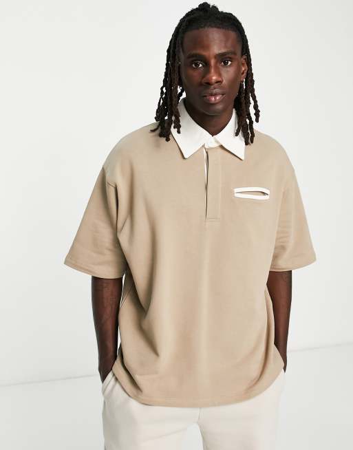 Sudadera beis extragrande de manga corta con cuello tipo polo de ASOS DESIGN