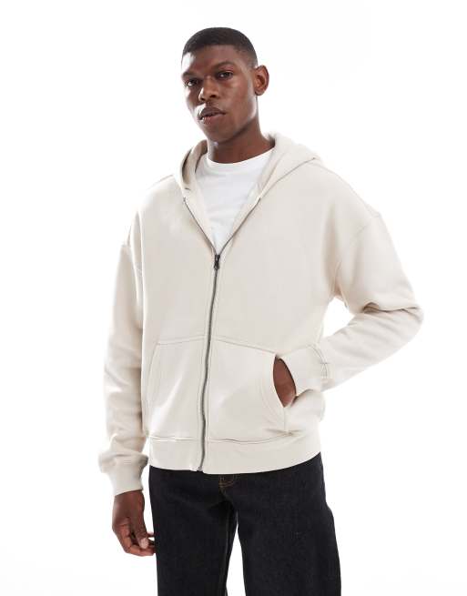 Sudadera beis grisáceo holgada con cremallera y bolsillo delantero de Hollister