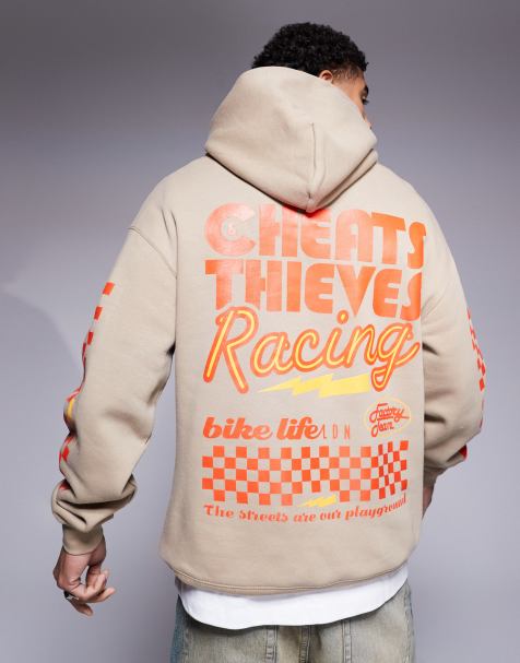 Sudadera beis oscuro con capucha y estampado trasero "Racing" de tejido de 320 g/m2 de Cheats & Thieves - view 1