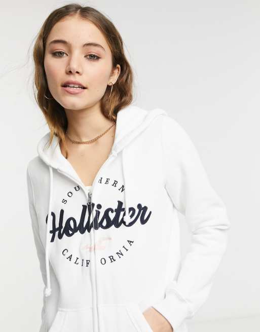 Sudadera blanca con capucha cremallera y logo de Hollister ASOS