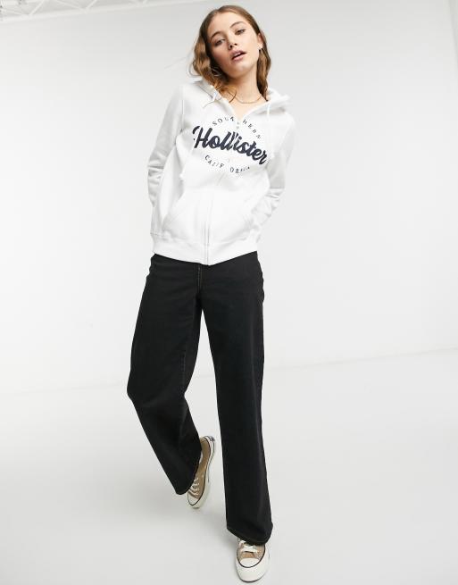 Sudadera blanca con capucha cremallera y logo de Hollister ASOS