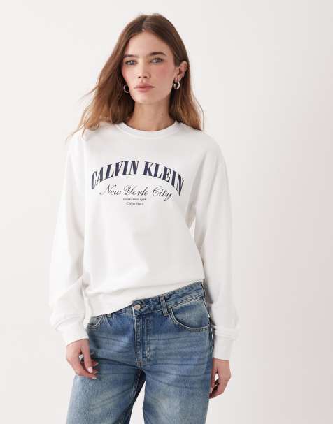 Sudadera blanca con cuello redondo y estampado gráfico del logo de algodón de Calvin Klein Jeans - view 1