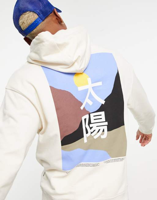 Sudadera blanca extragrande con capucha y estampado de atardecer japonés en la espalda de Only & Sons, 4 de 4