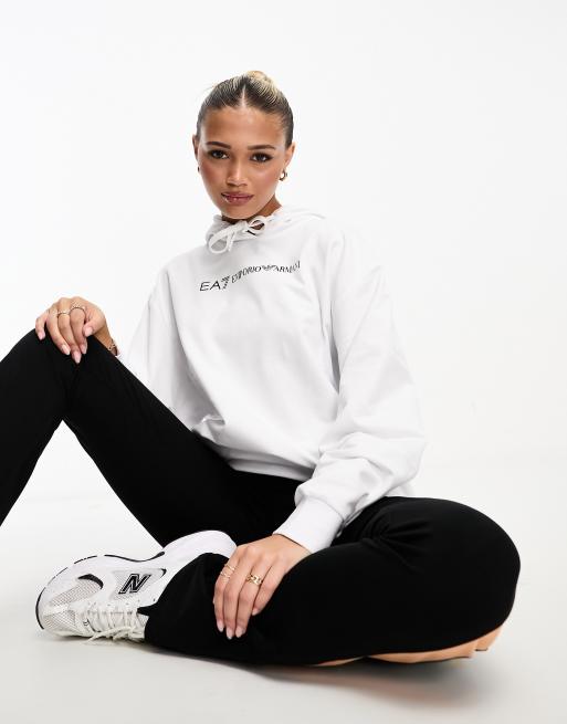 Sudadera blanca extragrande con capucha y logo de EA7