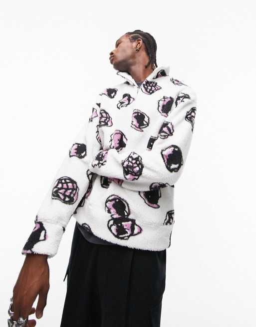 Sudadera blanca extragrande con cremallera corta y estampado abstracto de borreguito de Topman