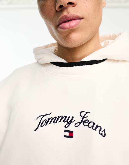 Sudadera blanca holgada con capucha y logo de bandera y texto serif de Tommy Jeans, 3 de 4