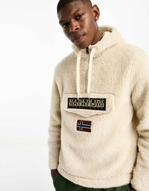 Sudadera blanco hueso con capucha y cremallera corta de borreguito