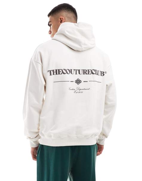 Sudadera blanco hueso con capucha y estampado gráfico de texto de The Couture Club - view 1