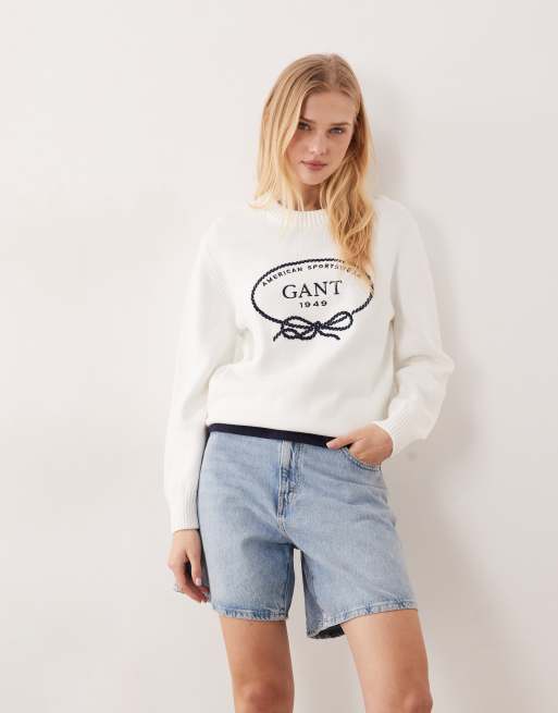 Sudadera blanco hueso con cuello redondo y logo en el pecho de estilo vintage de GANT